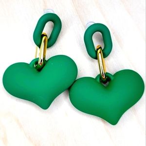 Dark Green, Chunky Heart Chain Link Earrings, S925 Posts, Sterling Silve…